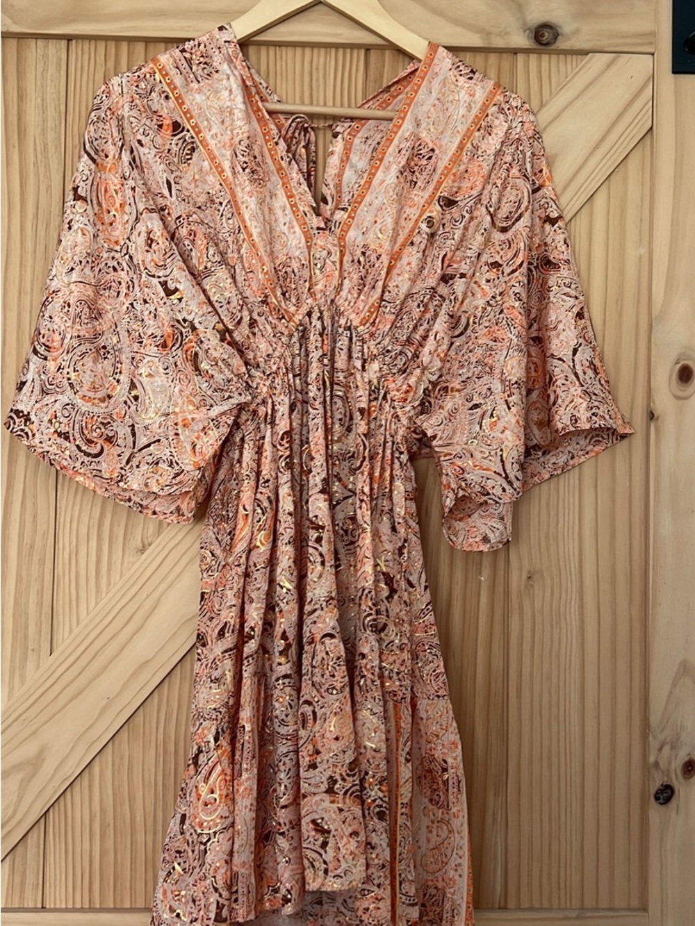 Peach Paisley V-Neck Midi Dress with Tie Waist